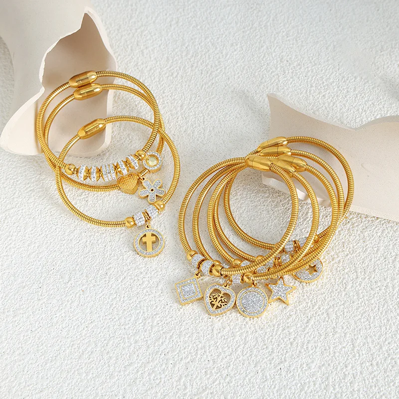 SL23110 Non Tarnish 18K Gold Plated Stainless Steel Heart Cross Flower Star Charm Crystal Zircon Bracelet Bangle For Women