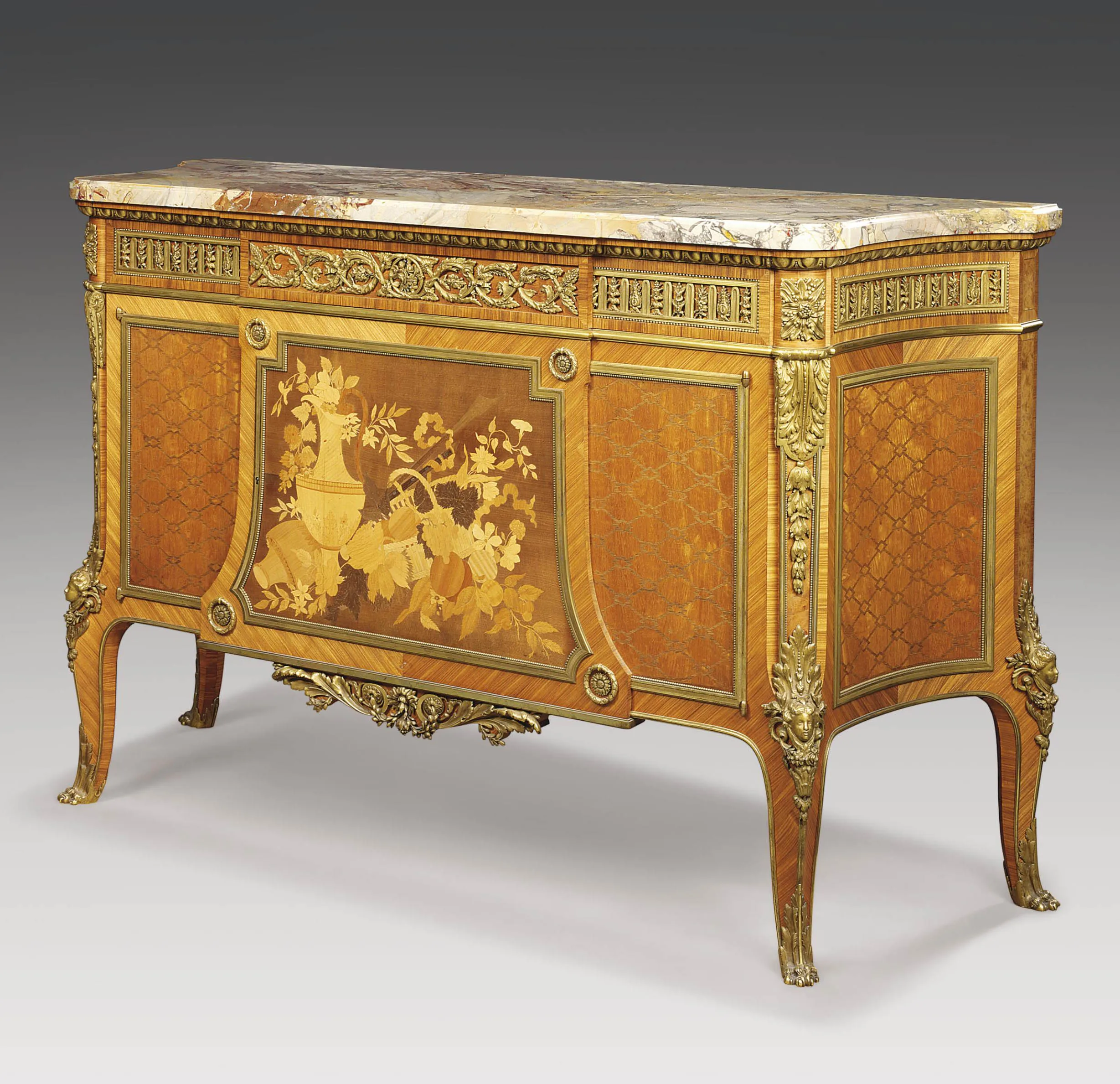 French Brass Sideboard Decorative Arts Cabinet  Royal Dining Room Cabinet Natural Marble Top Cabinet with Cooper