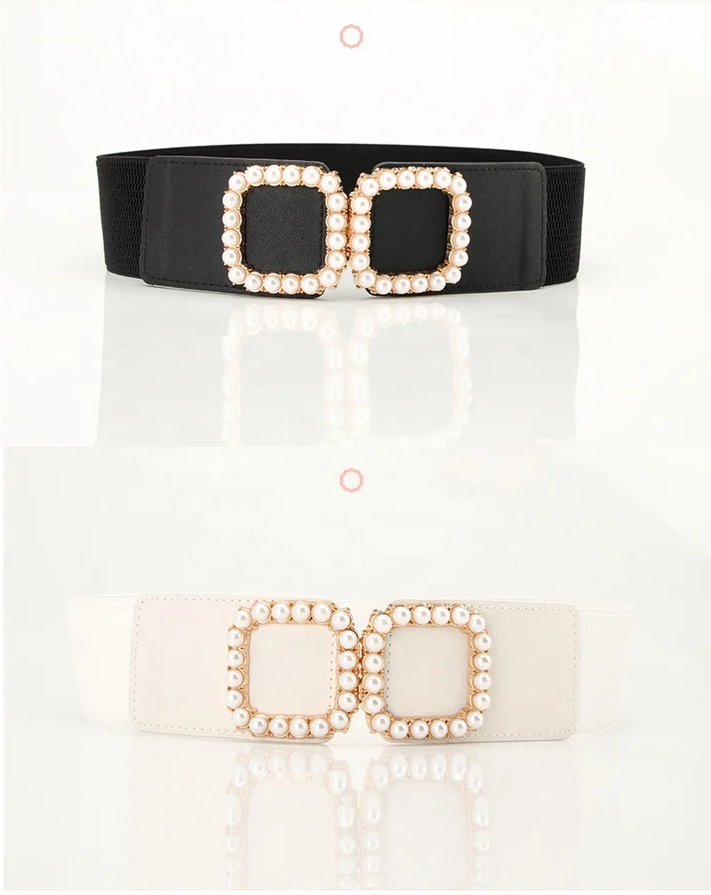 Pearls Square Buckle Belts for Women Adjustable Elastic Waist Belts Ladies Waistband for Jeans