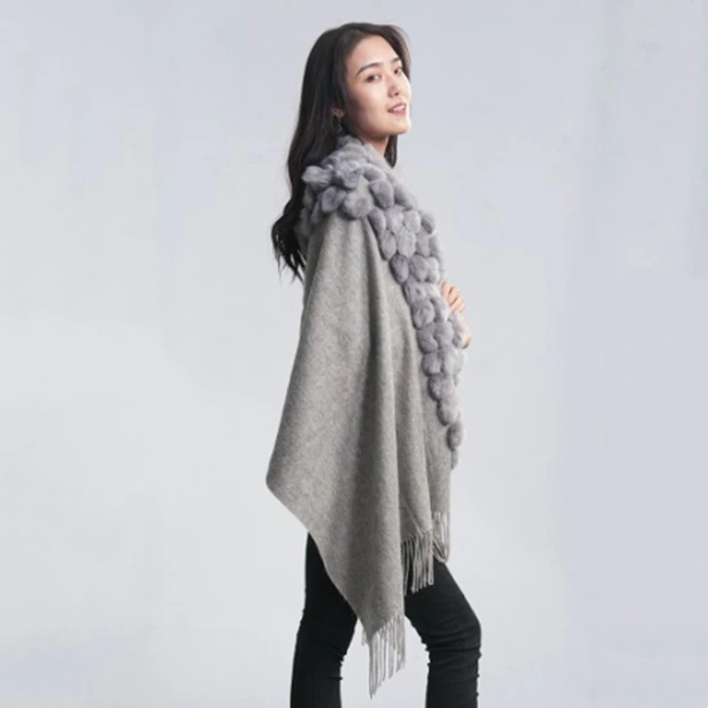 Wholesale cheap fashion warm Rex rabbit shawl winter lady pretty clothing rabbit pom fur shawl