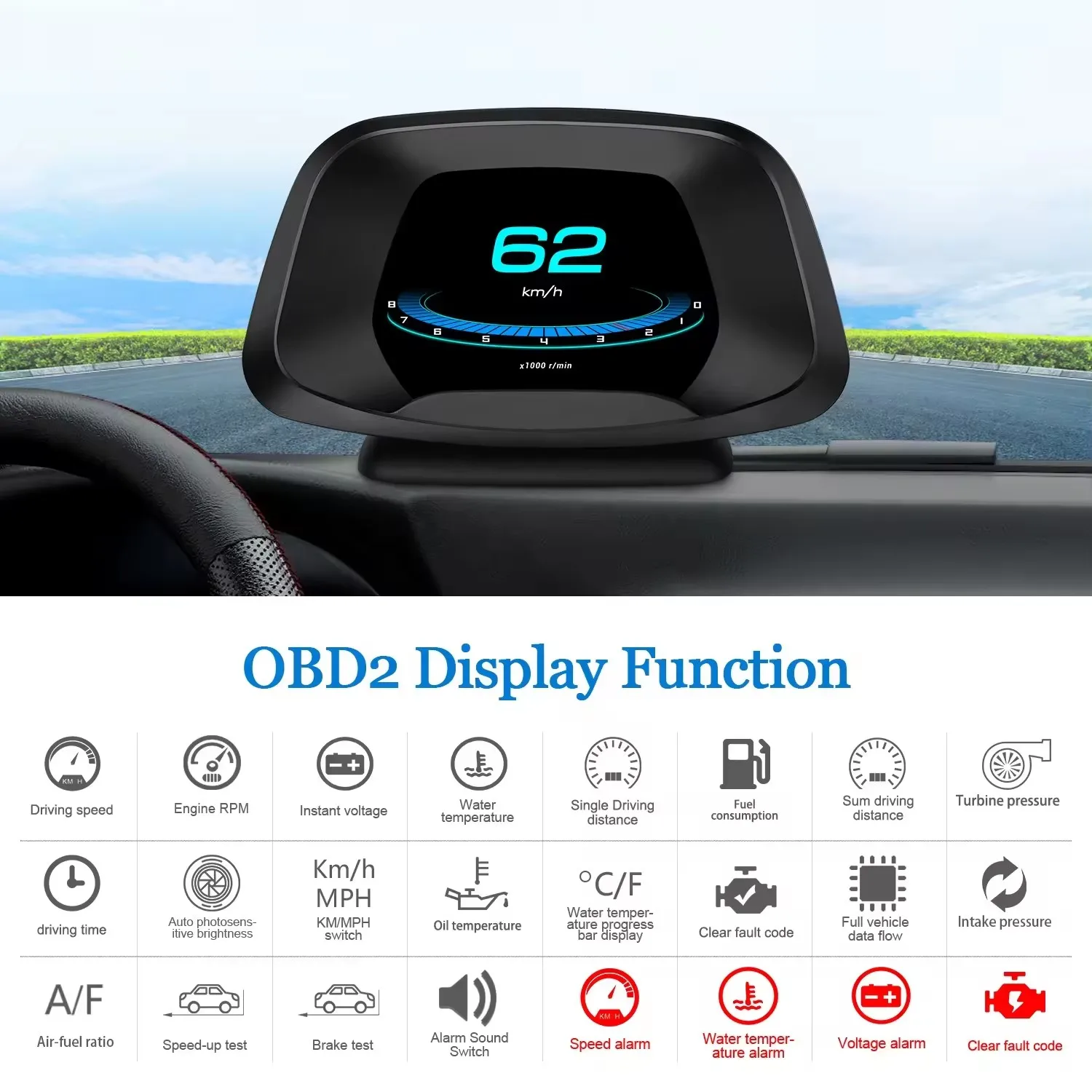 OBD2+GPS Navigation HUD P19 New Hot selling over speed alarm and Smart Gauge auto diagnostic tool tpms Display meter
