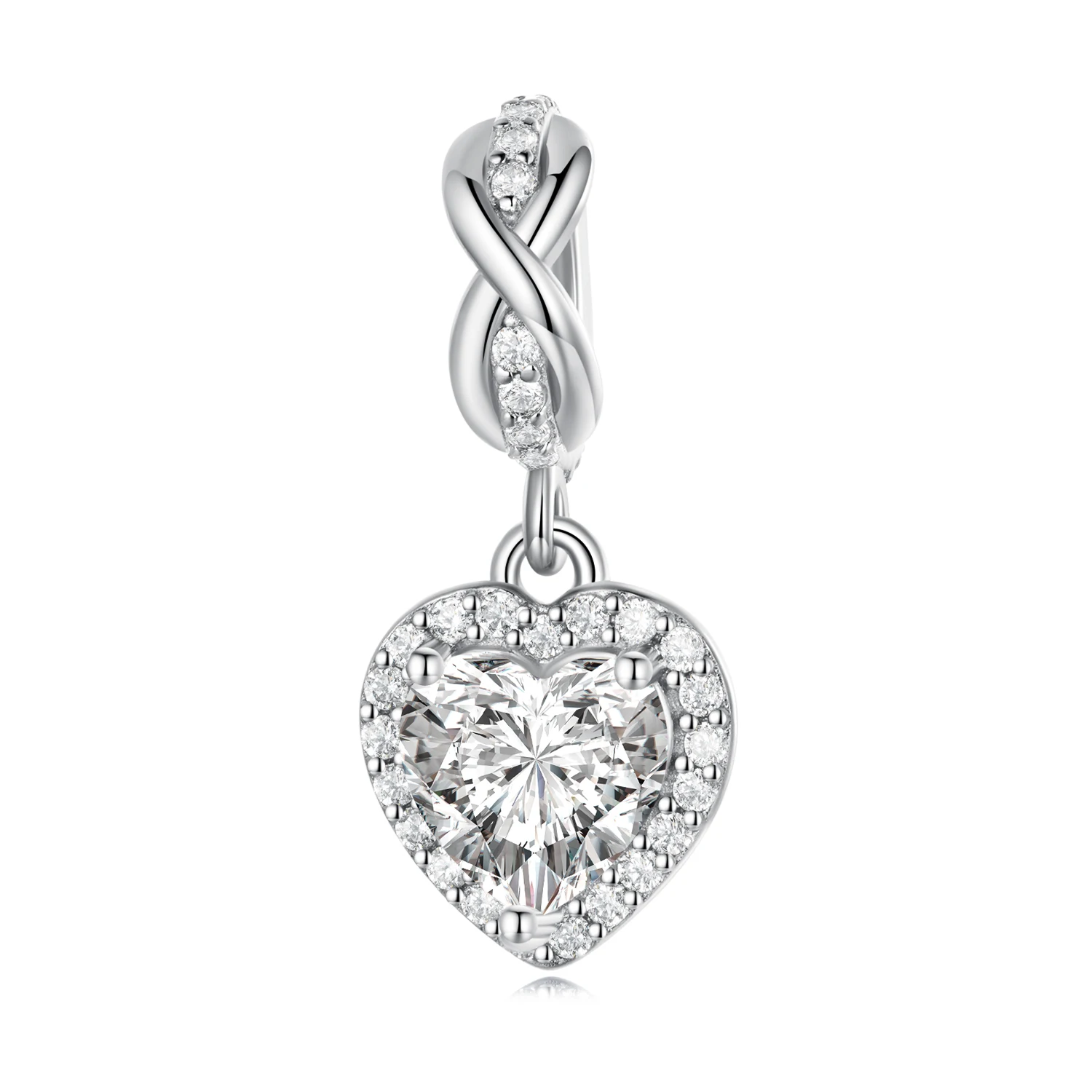 Simple Sparkling Heart Beaded 925 Sterling Silver Pave Zirconium Plated White Gold Heart Loose Bead Accessories