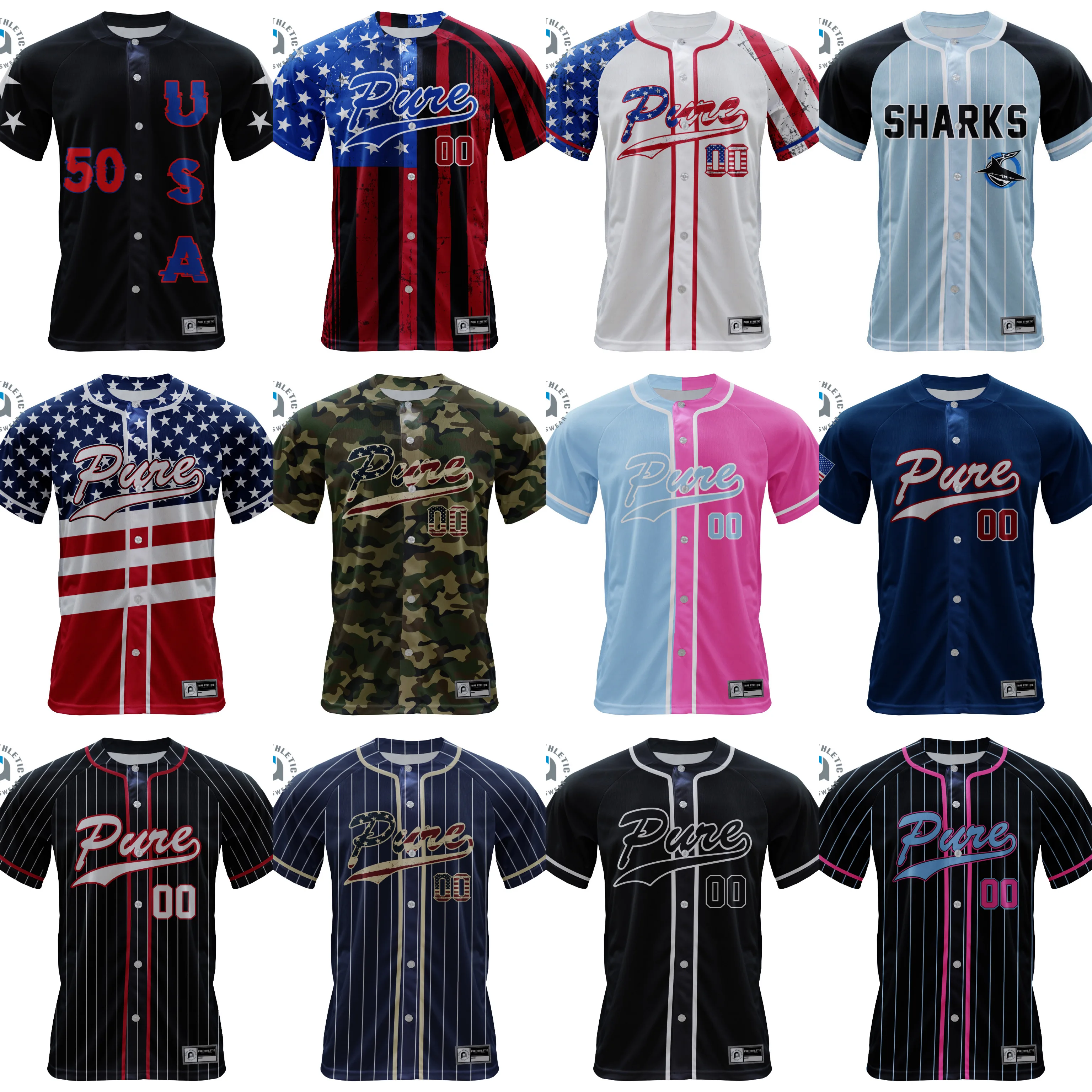 Custom sublimation full buttons baseball jersey training baseball & softball uniform pants USA flag baseball wear shirt men