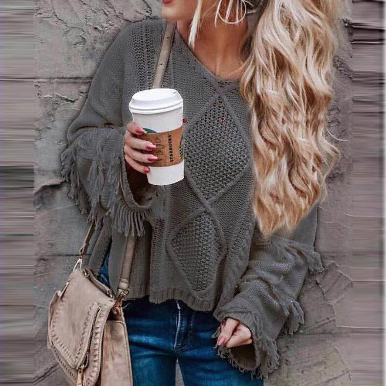 
Fashion V Neck Flare Sleeve Women Casual Tassel Sweater 