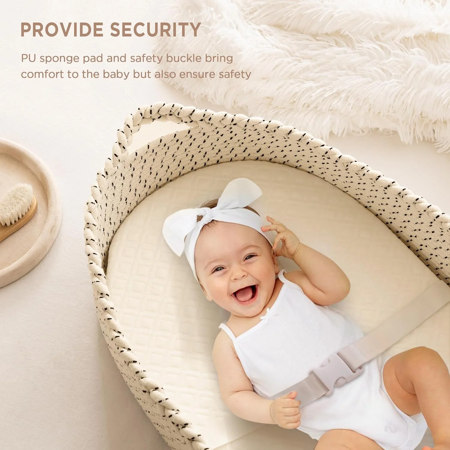 Unisex Beige Baby Cotton Rope Moses Basket for Newborn with Foam Pad Waterproof Cover
