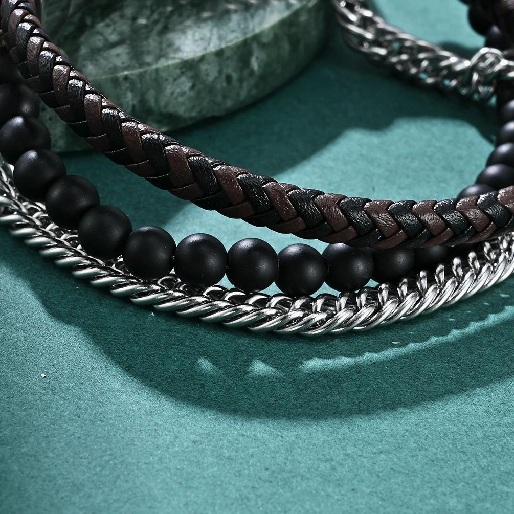 Alin Wholesale Natural Stone Bead Black Agate Beads Bracelet Multi Layer Genuine Leather Bracelet