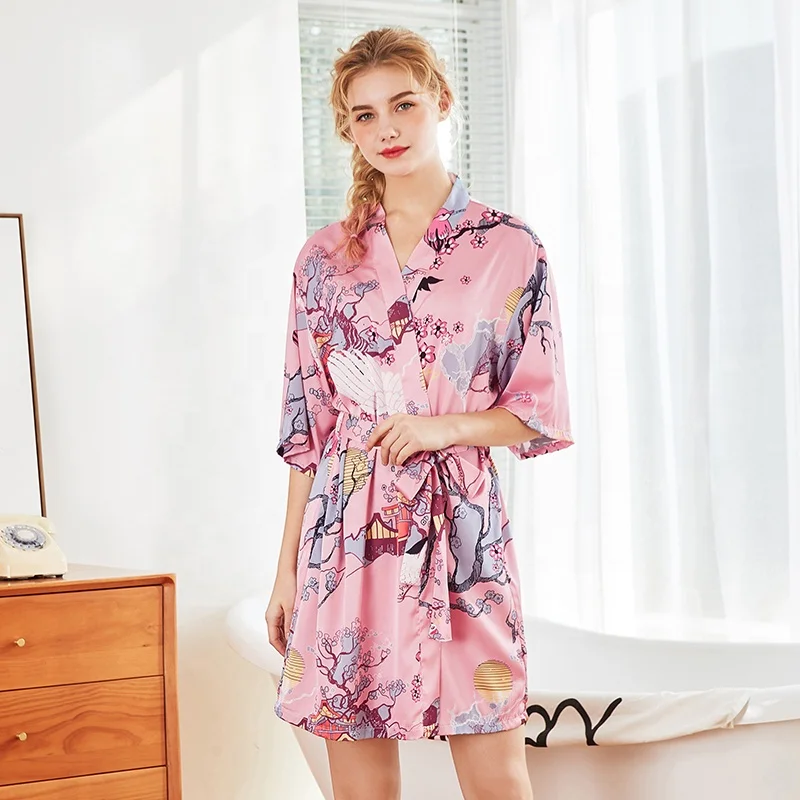 New Floral Silk Satin Girls Bathrobe satin teen robe