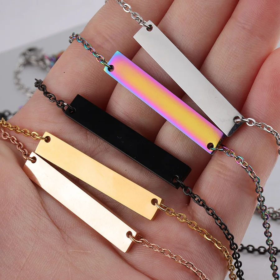 35*6mm DIY Engrave Logo 16/18/20inch Chain Geometric Jewelry Custom Stainless Steel Bar Pendant Necklace