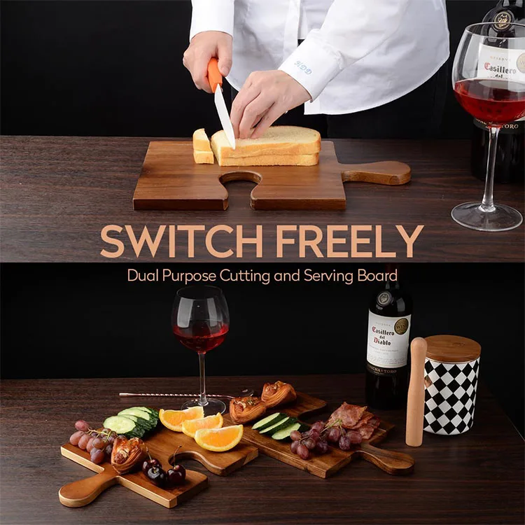 Wholesale OEM Acacia Wood Cutting Board Set of 4 Acacia Wood Large Charcuterie Boards Set with Puzzle Handles Chopping Boards
