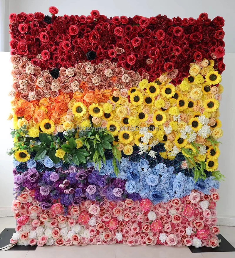 L01 Wholesale 3D Roll Up Ombre Fake Flower Wall Backdrop Mat Artificial Silk Rose Peony Floral Wall Panel For Wedding Home Decor