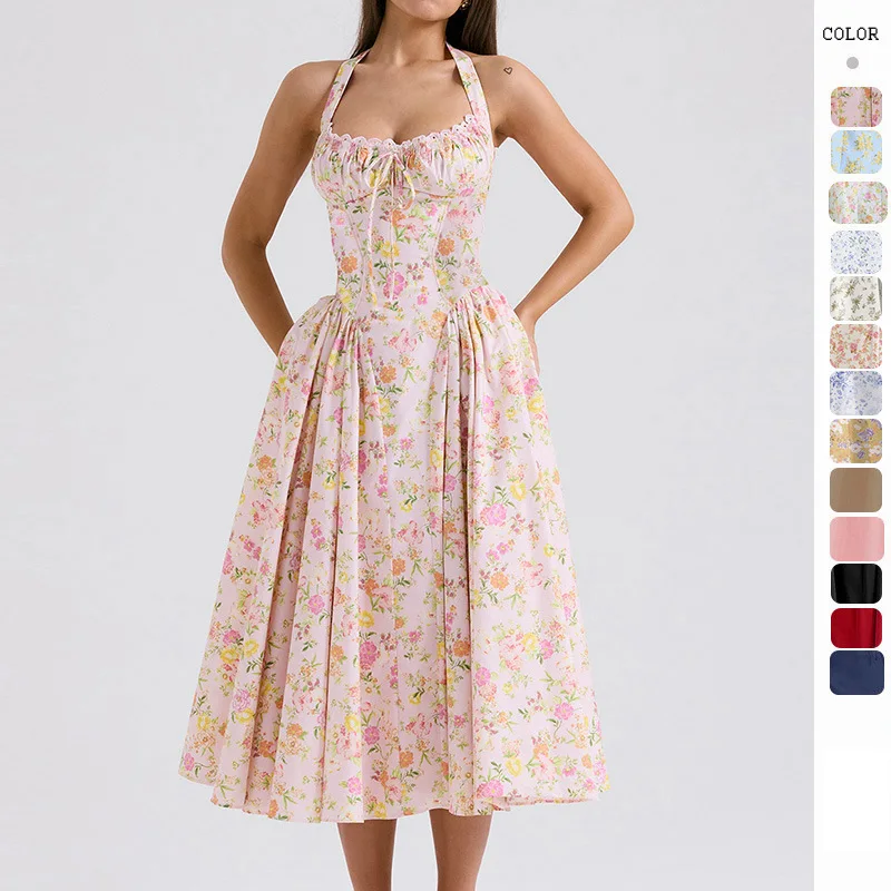 New summer slim suspender long skirt European and American style fashion print halter neck lace dress