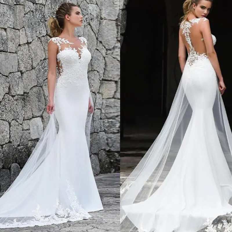 Mermaid Wedding Dress Sexy See Through Back Lace Appliques Wedding 3d Flower Gowns For Bride With Train Robe De Mariage Vestidos