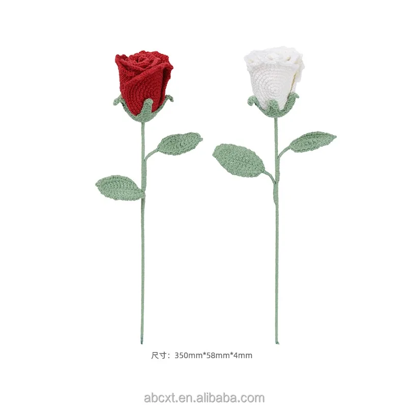 Artificial Crochet Knitted Flower Handmade Crochet Rose Flower with Leaf for Bouquet