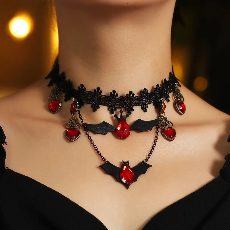Black Lace Choker Necklaces Vintage Crystal Halloween Pendant Necklace  Punk Chain Accessories for Women