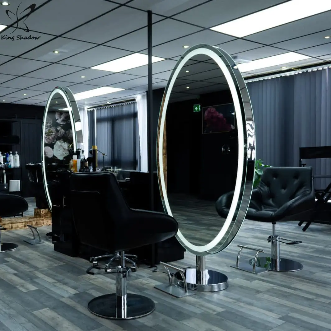  Modern Salon Furniture Luxury Oval Lighted Mirror Double Sided Styling Stations