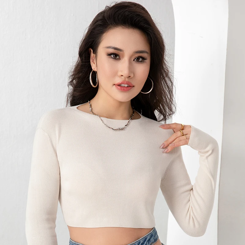 wholesale seamless underwear woman long sleeve bamboo knit jersey t-shirt crop top femme