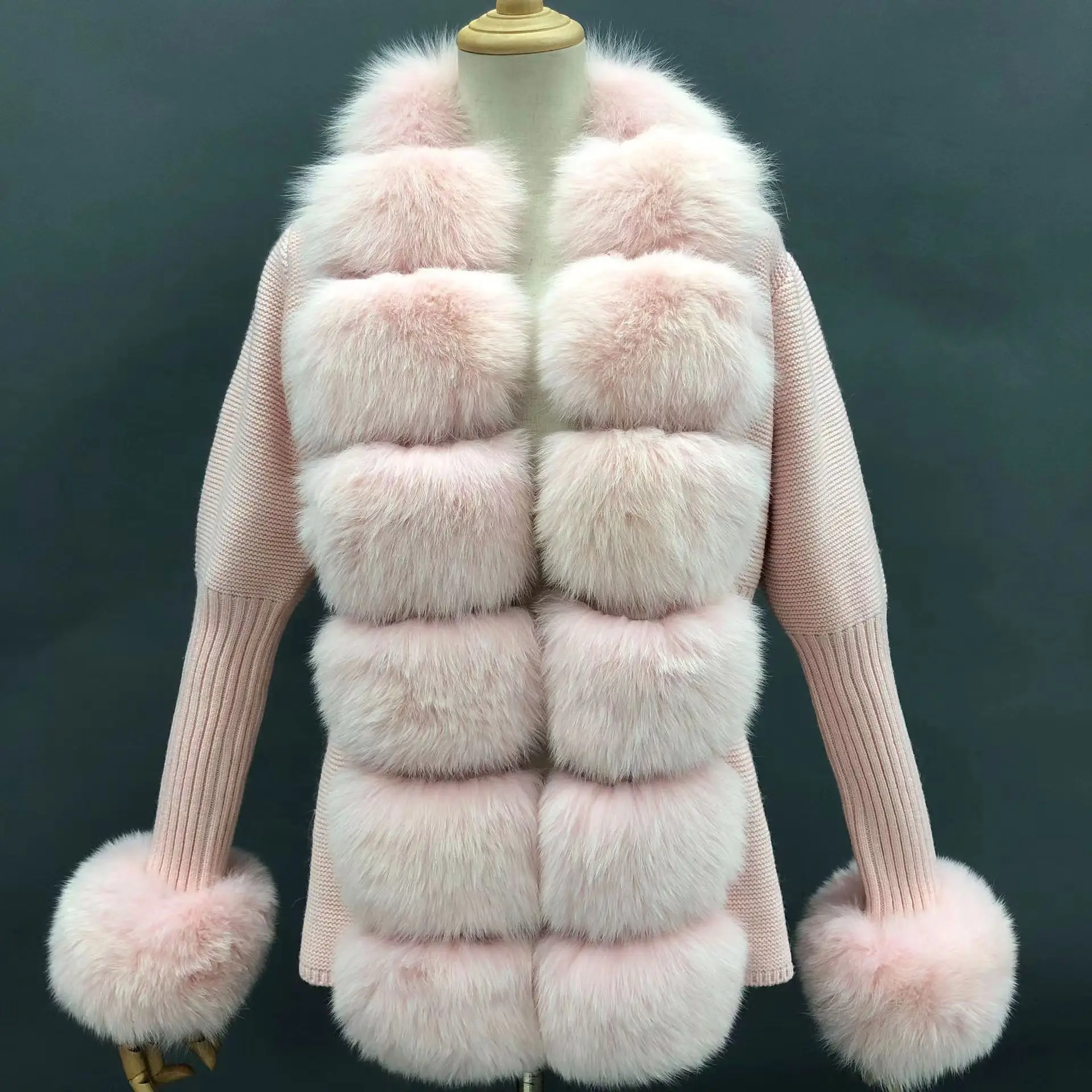 Ladies Slim2022 Fleece Winter Short Fox Fur Coat Warm Wool Puff Sleeve Jacket Knitted Real Fur Sweater Cardigan For Women