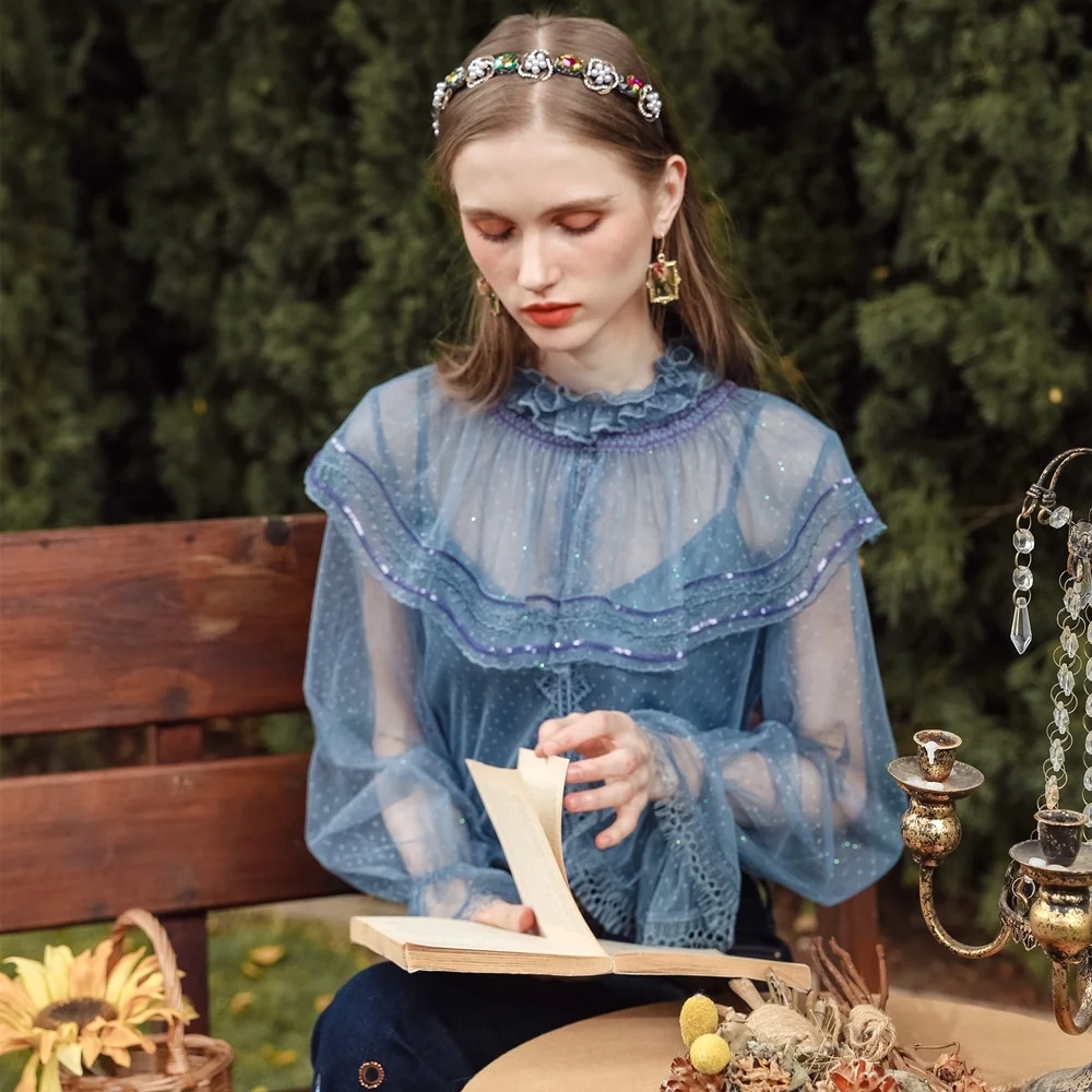 Romantic Vintage Lace Transparent Bow Ladies Loose Blouse With Sling Womens Tulle Tops