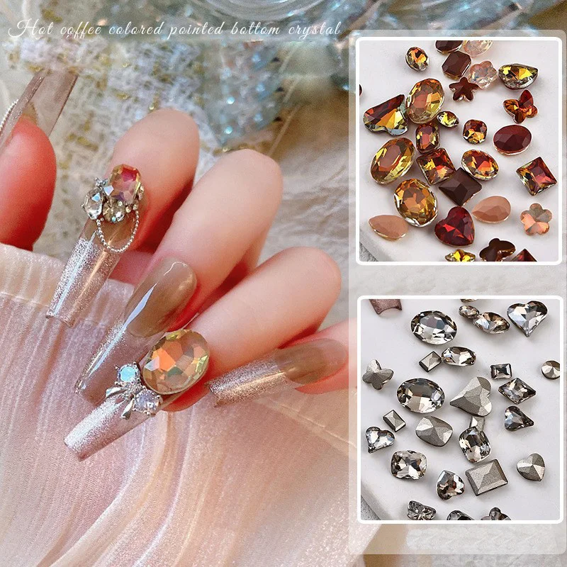 Hot Sale Brown-orange Rhinestones Late Autumn Nail Charms Shaped Flat Nail Jewels Decoration