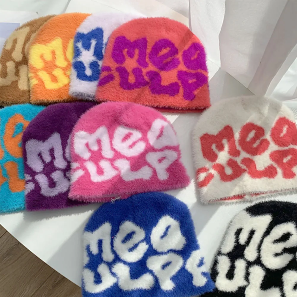 OEM  Y2K Beanies Fur beanie hat Custom Logo Acrylic Knit Premium Cashmere Wool Jacquard Mohair Beanie