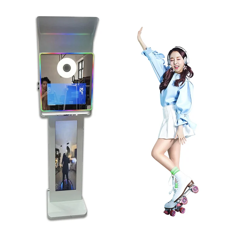 Portable Selfie 360 Degree Platform Spinner Business Photobooth 15.6 Print Wood Mirror Photo Booth