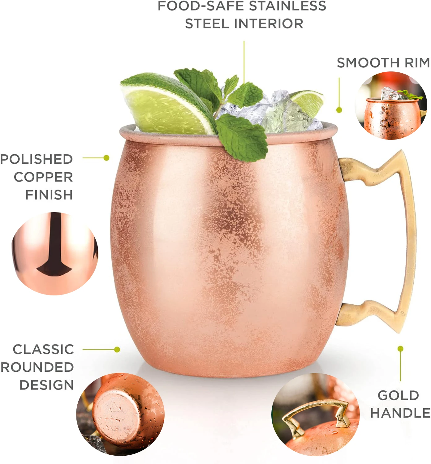 Custom Stainless Steel Cup Cocktail Moscow Mule Copper Mugs 500ml Beer Mug Bar Tools Champagne Gold Moscow Mule Mug 16oz