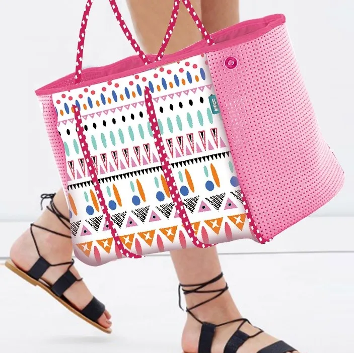 
Hot Selling New style colorful shopping colorful print wholesale women tote handbag neoprene beach bag 