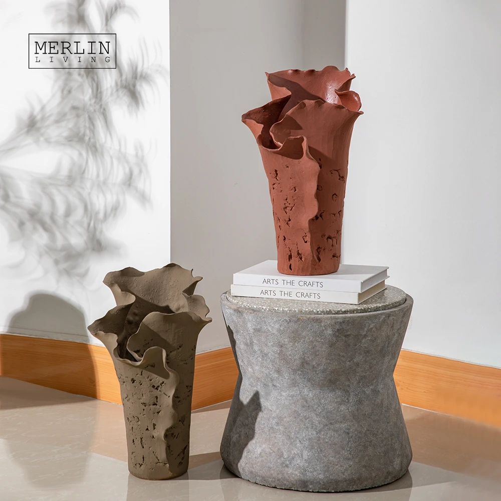Merlin Living Handmade Artstone Vintage Big Vase For Home Decor Color Vase Rustic ceramic porcelain vases Ceramic Factory Custom