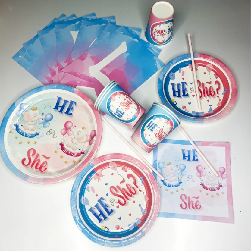 Gender reveal Party Decoration Tableware set Gender reveal theme cutlery banner cup Tableware paper plate set