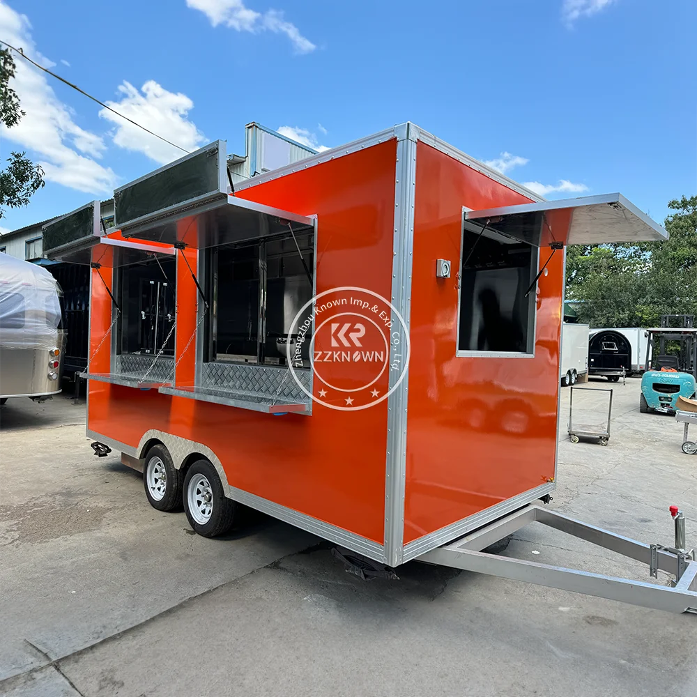 4.5m Bright Red & Orange Square Food Truck with American Chimney and Tri-Fold Selling Window dessert food trucks for sale