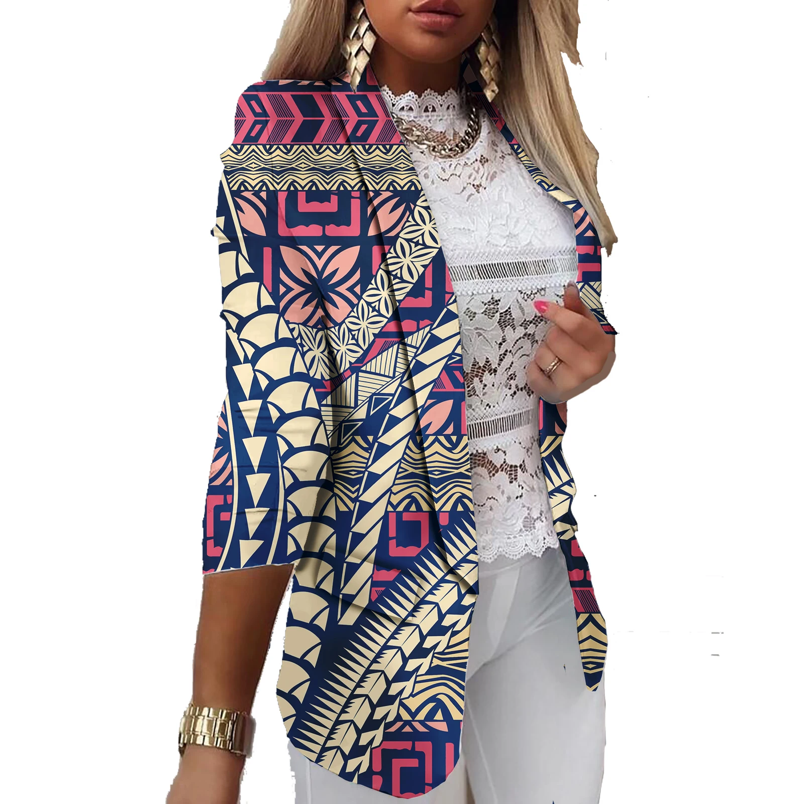 Direct Sales Ladies Casual Suits Elegant Straight Polynesian Hawaii Floral Heat Transfer Printing Ladies Blazer