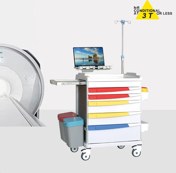 Plastic MRI Compatible Emergency Cart, Five Drawers/ nonmagnetic emergency trolley for MRI room use