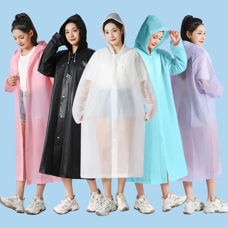 portable Adults Reusable Rain Ponchos with Hood and Sleeves Waterproof Rain Coats EVA one piece raincoat