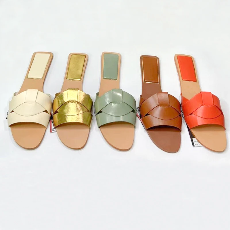 Newest Women Cross Belt Flat Slide Best Sellers Shoes For Outdoor Lady Casual Soft Leather ZA Slide Slippers