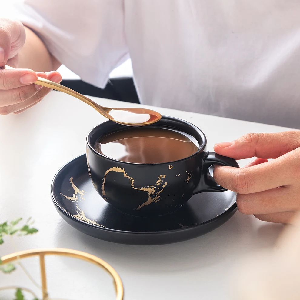 ShengJing Elegant Nordic Gold Marble White Black Ceramic Coffee Cafe Tea Drinkware Cup and Saucer Set