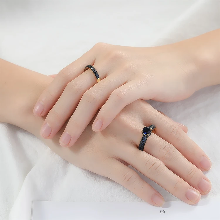 
Double Ring sets 18k 20k Gold plated wedding ring set Black stone cz crystal zirconia ring for girls women 