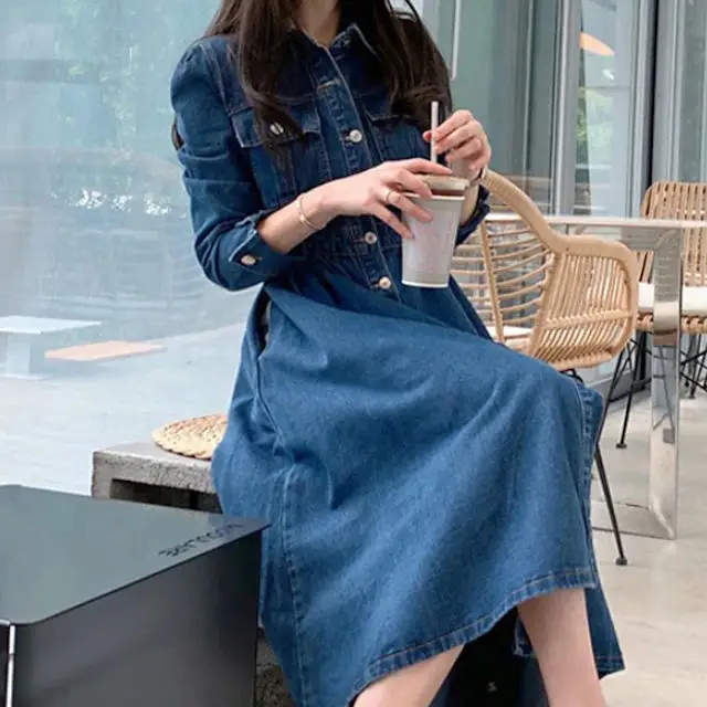 Single Button Denim Midi Dress for Women Elegant Formal Casual Style with Long Sleeve New Design for Summer