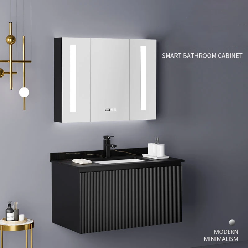 Luxury Modern Wall Mounted Sink Mirror Set Hotel Home Bathroom Furniture Black Bathroom Cabinets Vanities