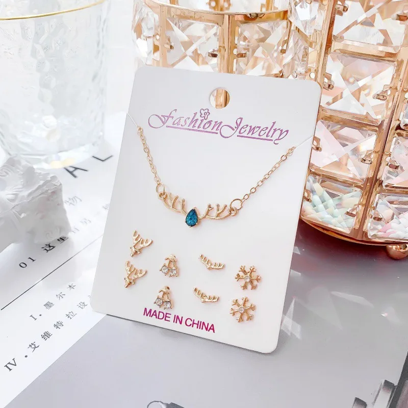 Christmas Jewelry Set Gift Pearl Crystal Christmas Santa Claus Snowflake Deer Star Snowman Necklace Earrings  Set for Kids Girls