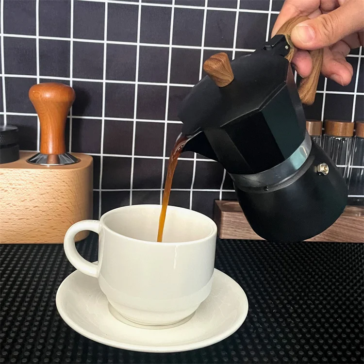 Harmony High Quality Italian Cafetera Wood Stainless Steel Stovetop Espresso Maker Aluminum Coffee Moka Pot