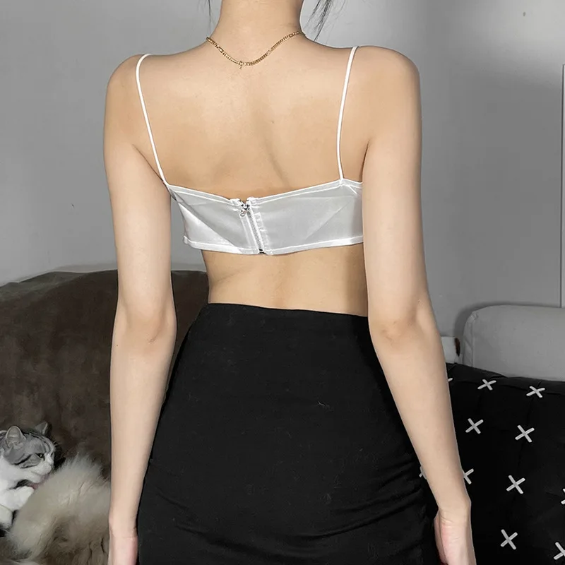 W5493 Sexy Satin Patchwork Rose Flower Camis Tank Top Women Square Collar Sleeveless Slim Crop Tops Summer Fashion White Corset