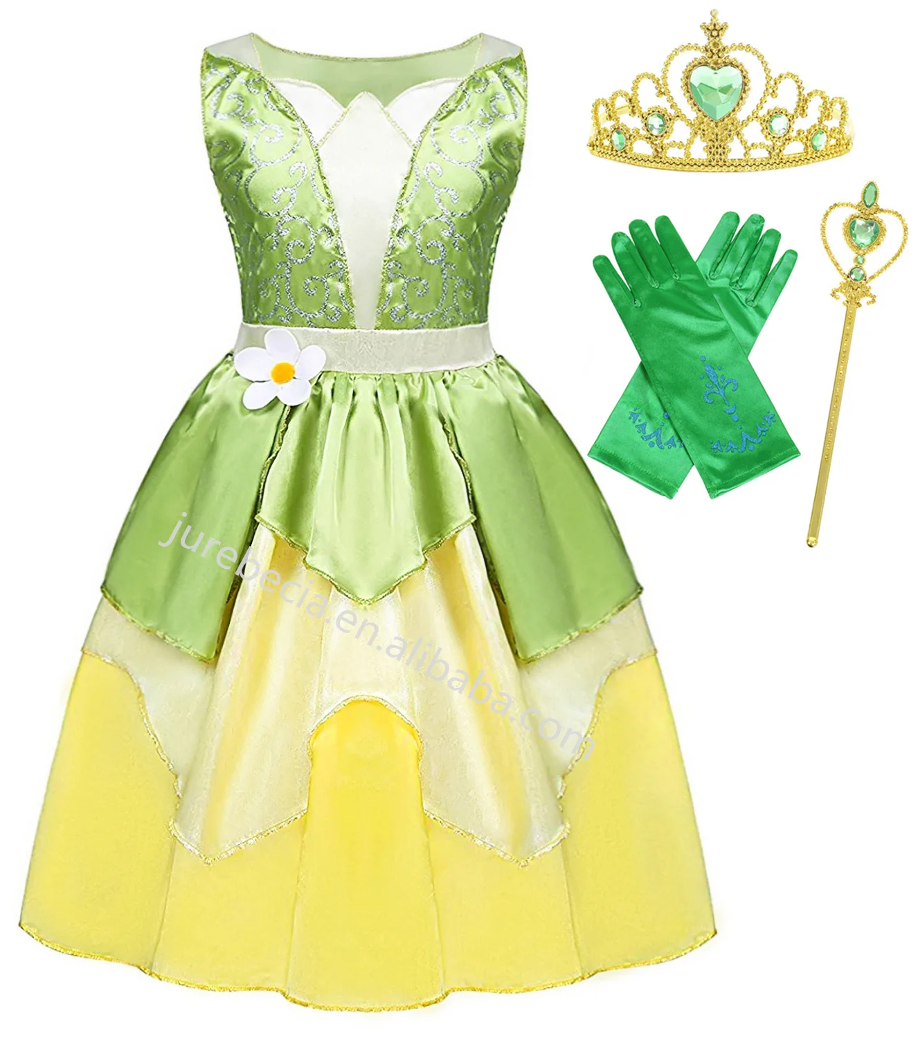 Jurebecia Princess Tiana Costume for Girls Green Frog Dress Kids Dress Up Fancy Halloween Birthday Party Fairy Outfits 3-8T