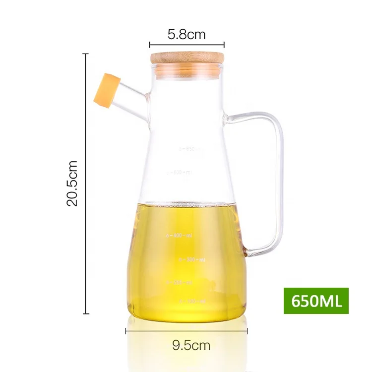 650ml Cooking Graduated Borosilicate Clear Glass Olive Oil And Vinegar Bottle Set With Handle Bamboo Lid