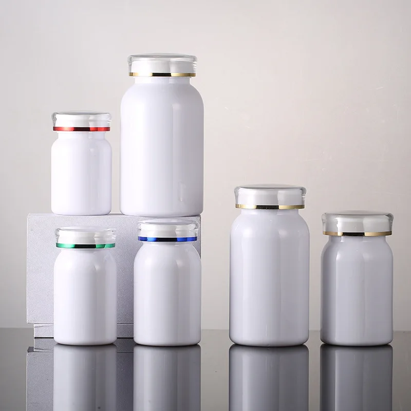 80ml 120ml 150ml 225ml 275ml Empty White Plastic health product bottles gold line screw cover capsule/pill medicine bottles