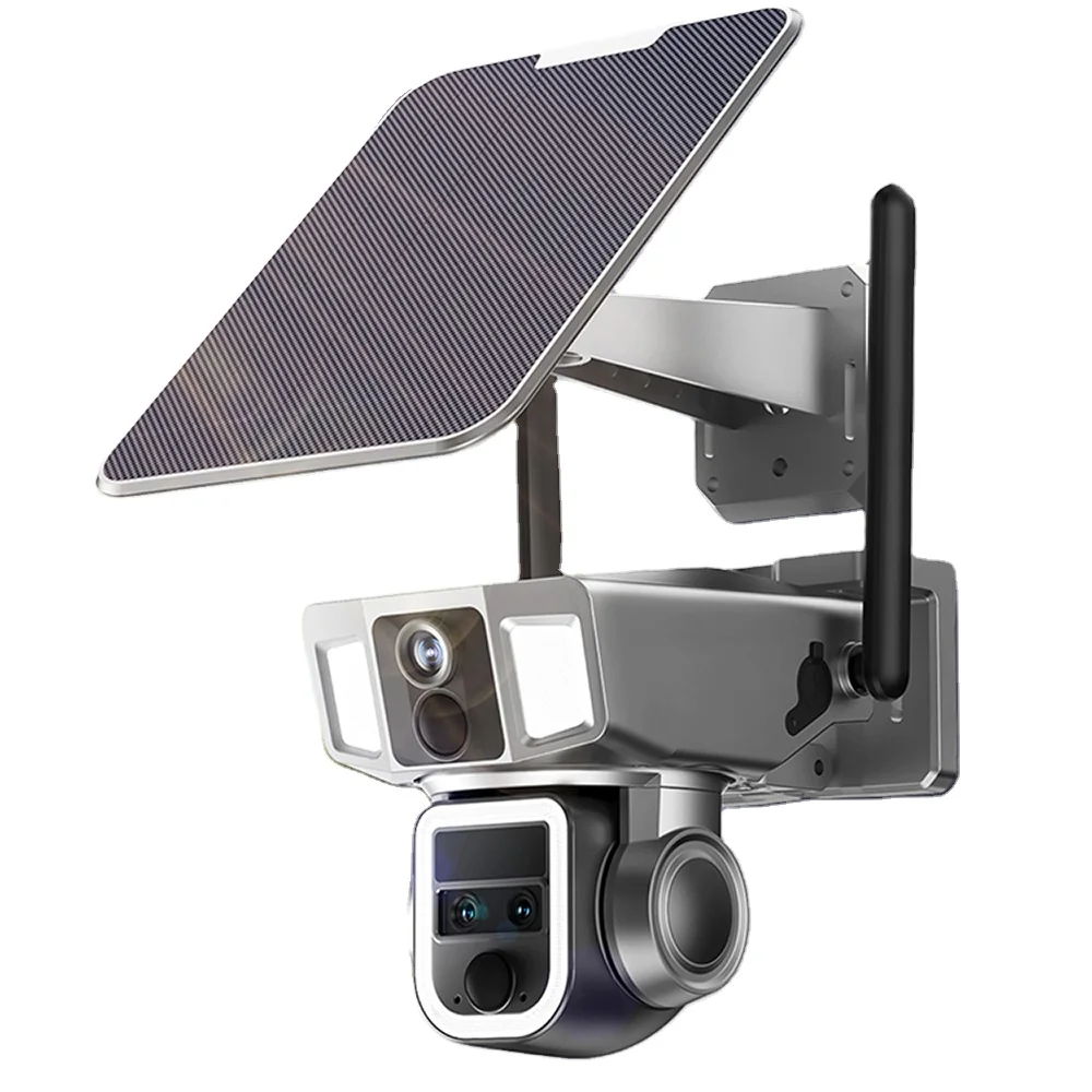 10x Zoom Triple Lens 2k Wireless Security Camera 4g Cctv Solar Camera Network Sim Card Solar Battery Power Ip66 Waterproof