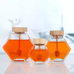 Hot selling Hexagon Shaped Wood Lid Glass Honey Jar With Dipper Kitchen&Tabletop Honey Glass Bottle