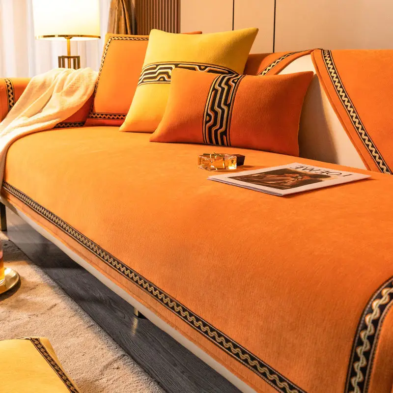 Four seasons chenille orange velvet L shape sofa cover