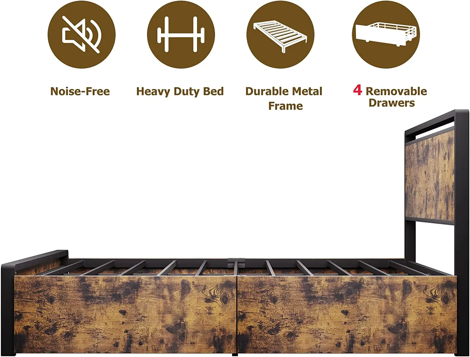 Farmhouse Hotel Double Queen Size Bed Frame with 4 Storage Drawer Wood and Metal Bed Frame