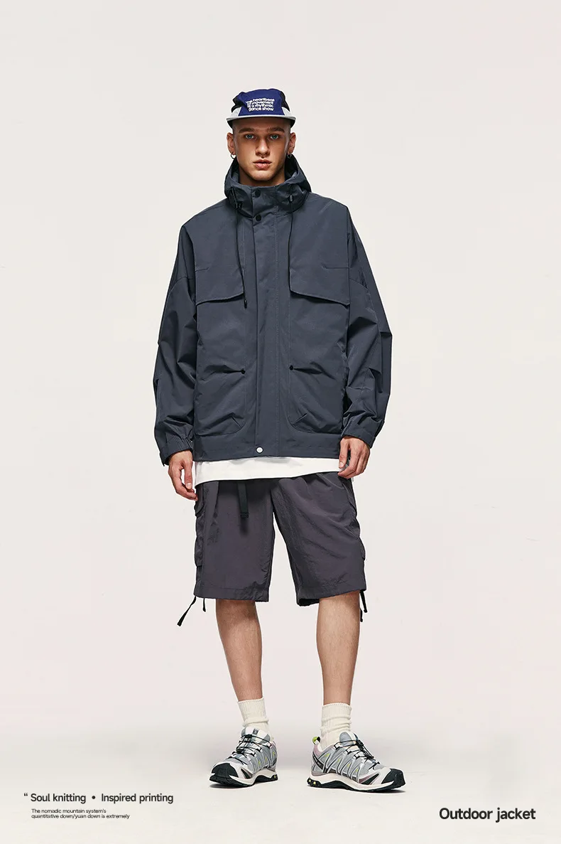 Mens Outdoor Hiking Lightweight Windproof Softshell Anorak Zip Up Safari Windbreaker Jackets With Hoody