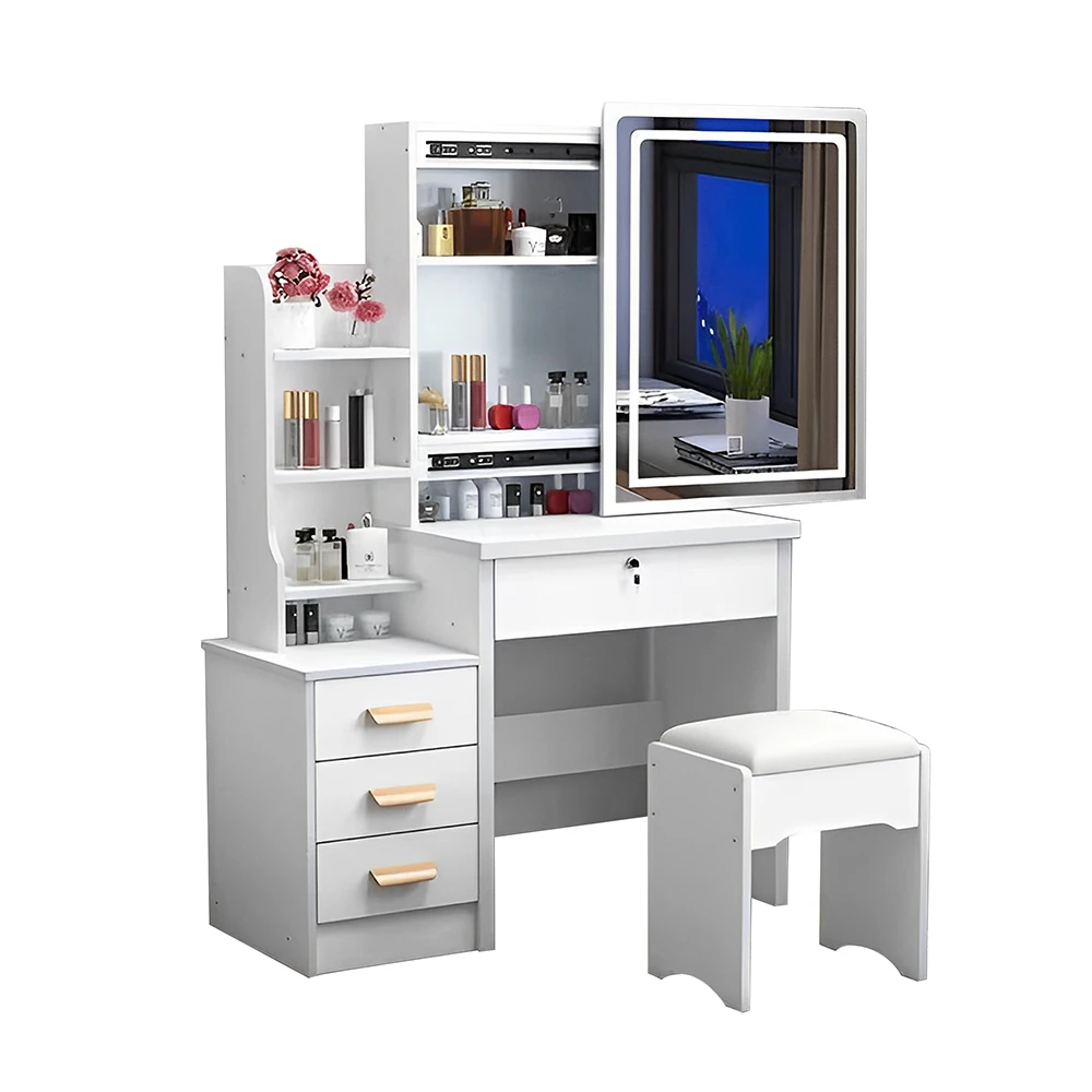 Dressing table with mirror and stool, wood makeup desk vanity table and cushioned stool set